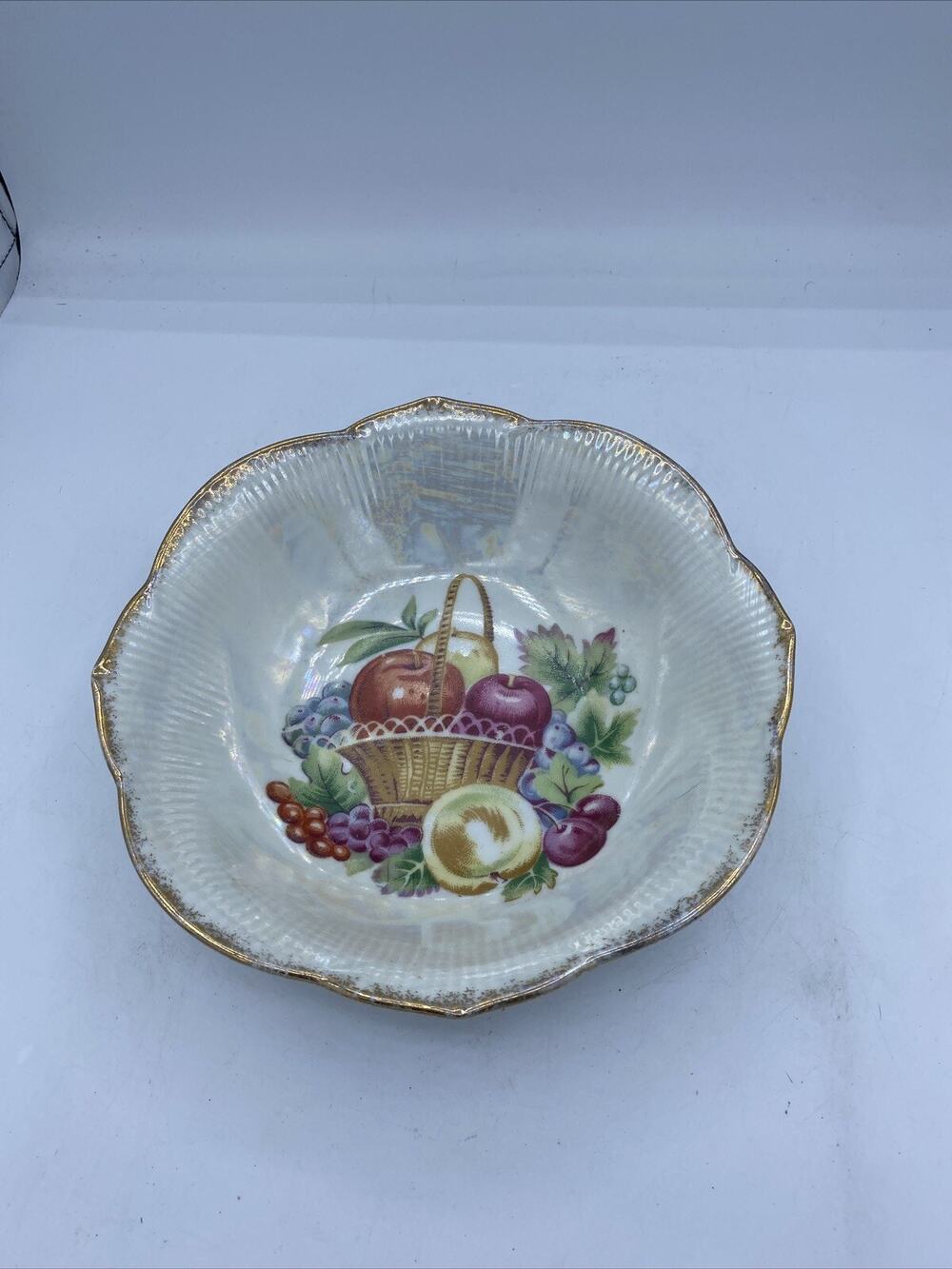 Lusterware Dish Bowl Art Deco Silver Beautiful Hand Painted Fruit Scalloped Edge